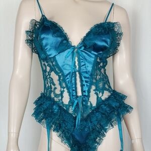 Vtg RARE Lingere 80s Frederick's of Hollywood Teal Lace Garter Teddy Slit Bust